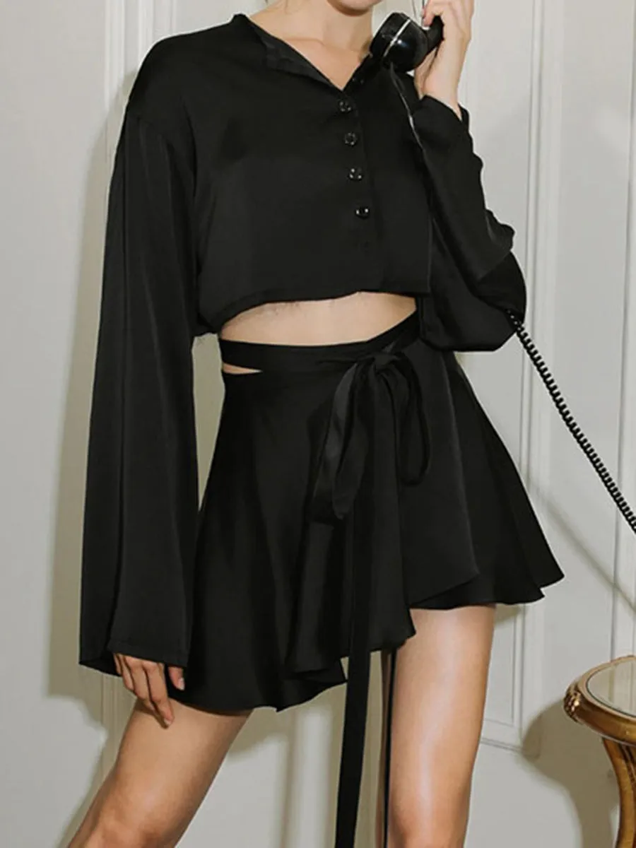 Solid Color Button Flares Sleeve Skirts Set