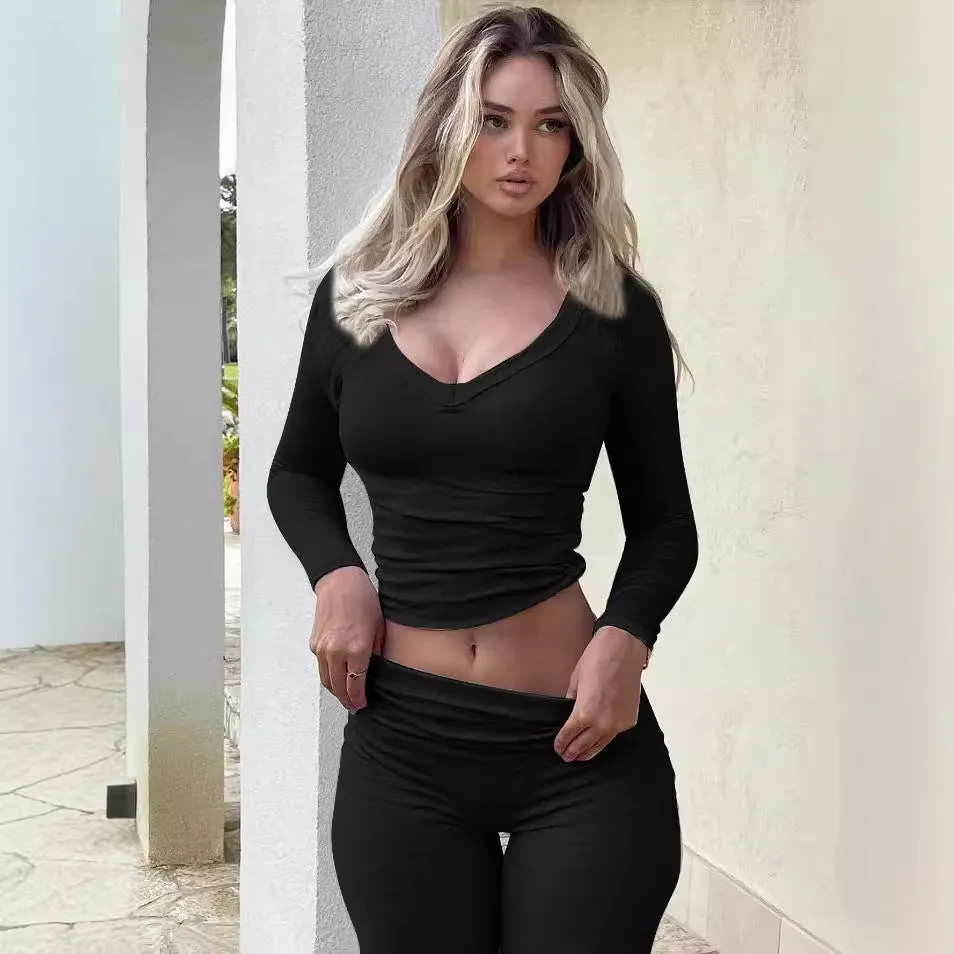 Solid Color Long Sleeve Flared Pants Two-piece Set