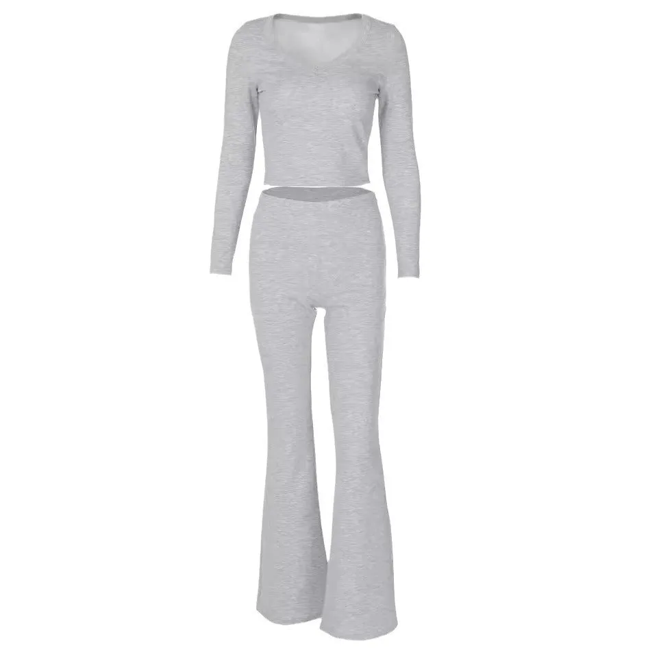 Solid Color Long Sleeve Flared Pants Two-piece Set