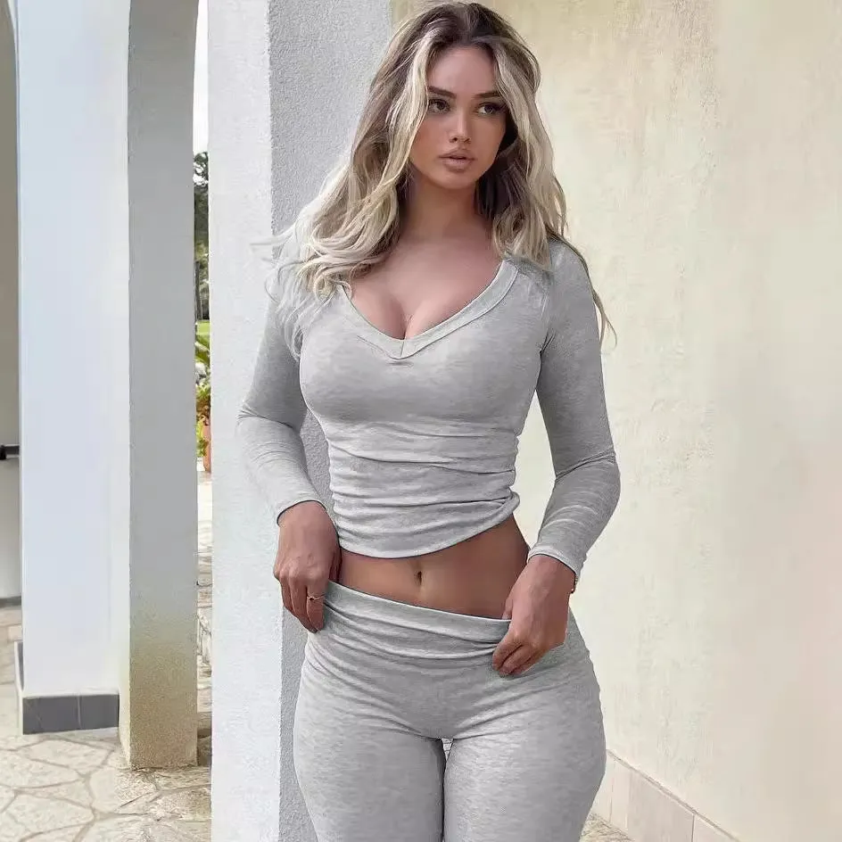 Solid Color Long Sleeve Flared Pants Two-piece Set