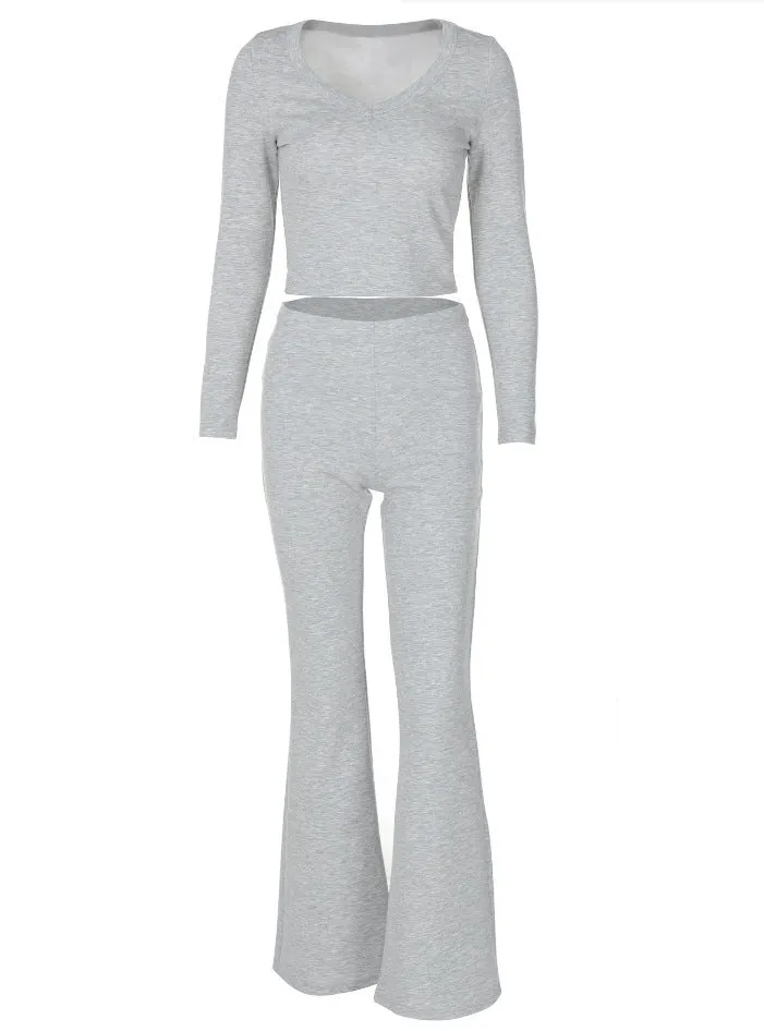 Solid Color Long Sleeve Flared Pants Two-piece Set