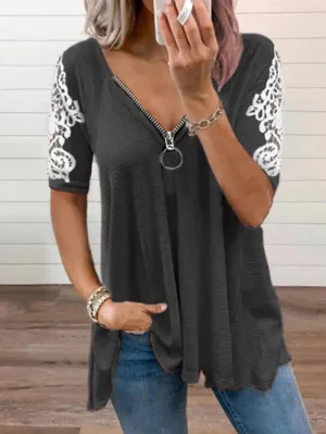 Solid Color Loose V-neck Lace Sleeve T-shirt