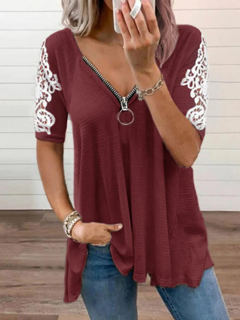 Solid Color Loose V-neck Lace Sleeve T-shirt