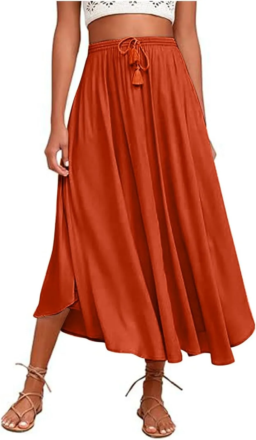Solid or Printed Mesh Overlay Elastic Waist Pleated A-Line Long Maxi Skirt Long Skirt with Pocket for Women