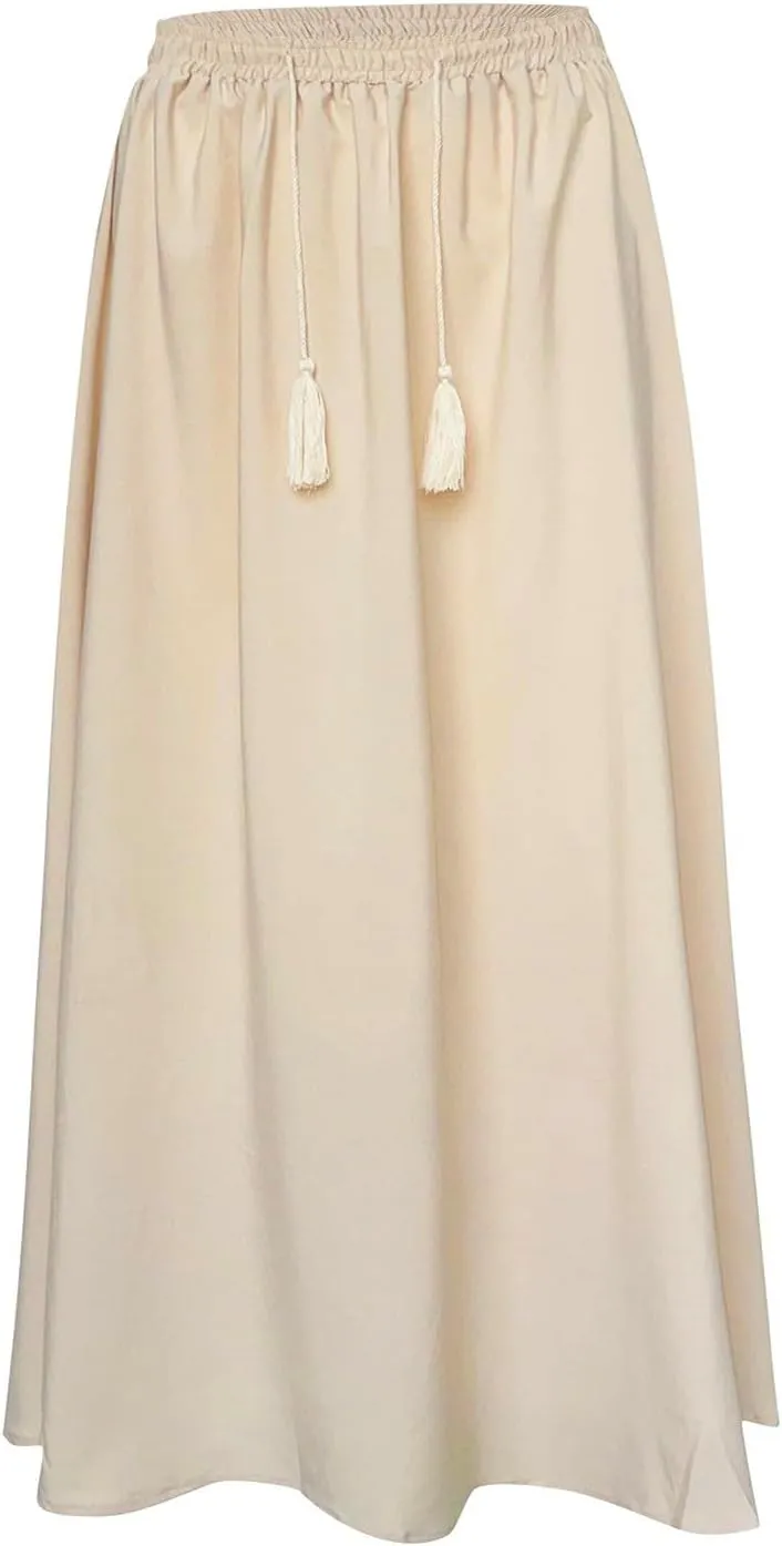 Solid or Printed Mesh Overlay Elastic Waist Pleated A-Line Long Maxi Skirt Long Skirt with Pocket for Women