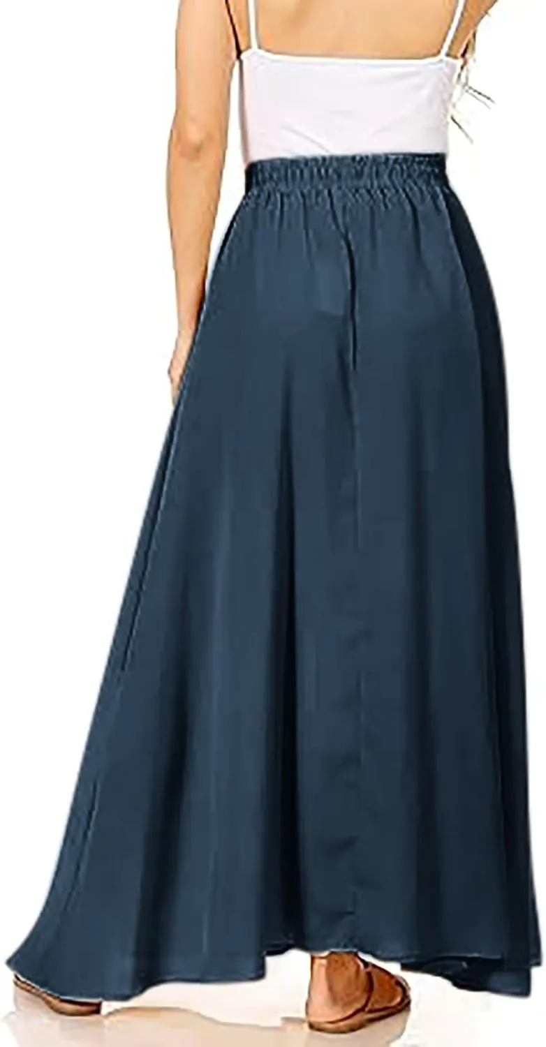 Solid or Printed Mesh Overlay Elastic Waist Pleated A-Line Long Maxi Skirt Long Skirt with Pocket for Women