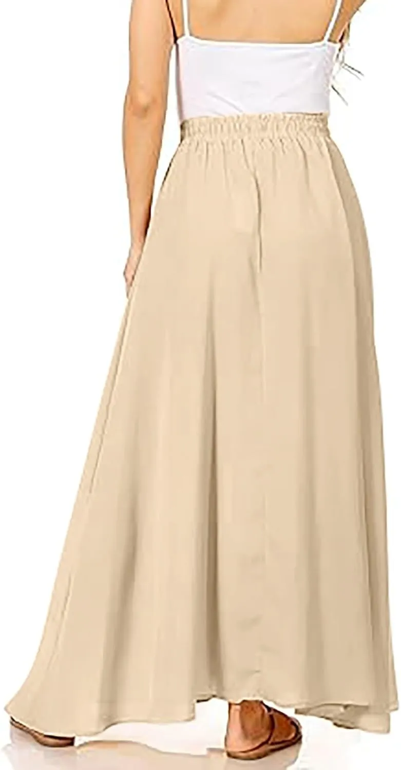 Solid or Printed Mesh Overlay Elastic Waist Pleated A-Line Long Maxi Skirt Long Skirt with Pocket for Women