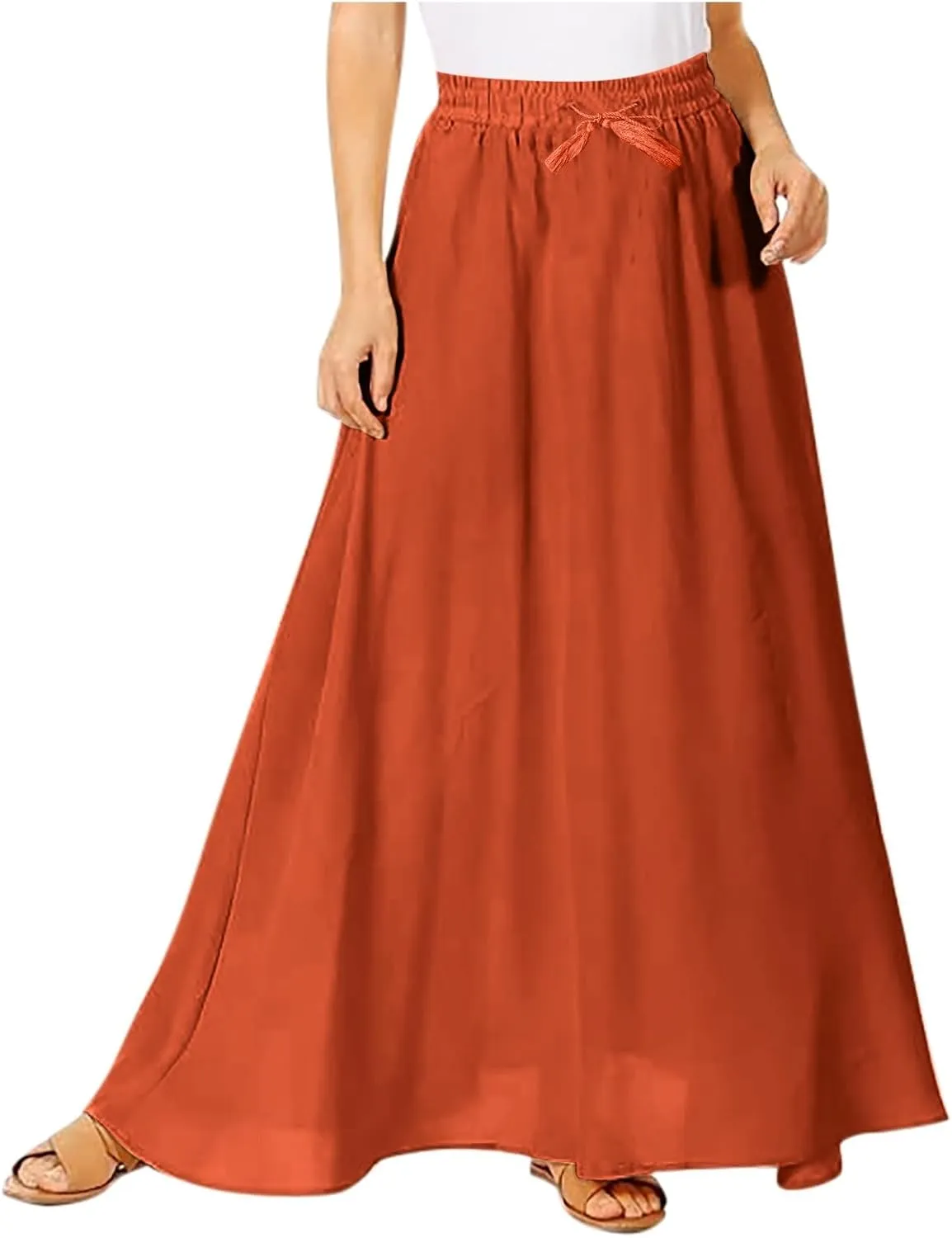 Solid or Printed Mesh Overlay Elastic Waist Pleated A-Line Long Maxi Skirt Long Skirt with Pocket for Women
