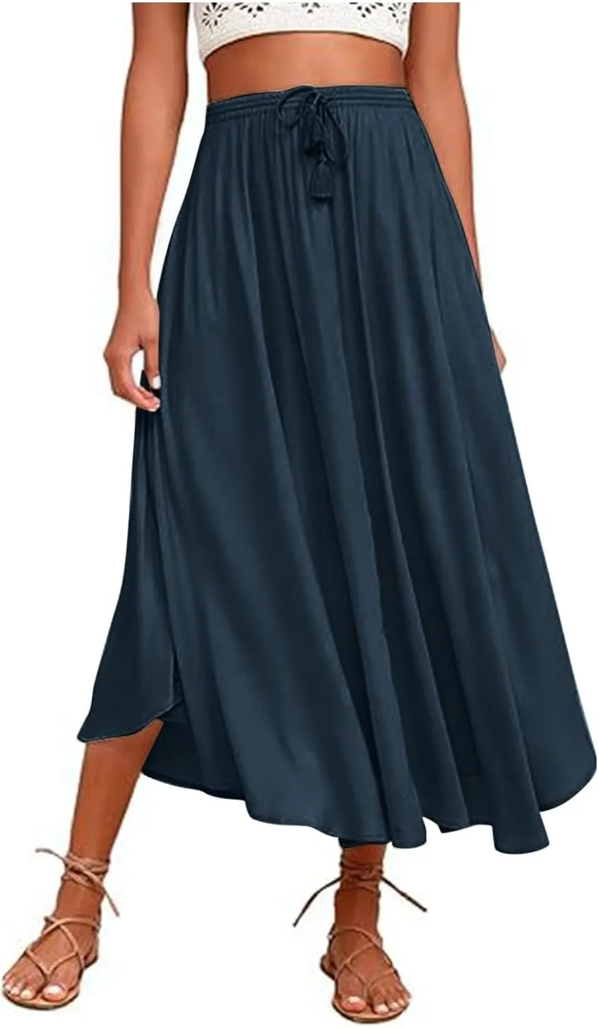 Solid or Printed Mesh Overlay Elastic Waist Pleated A-Line Long Maxi Skirt Long Skirt with Pocket for Women