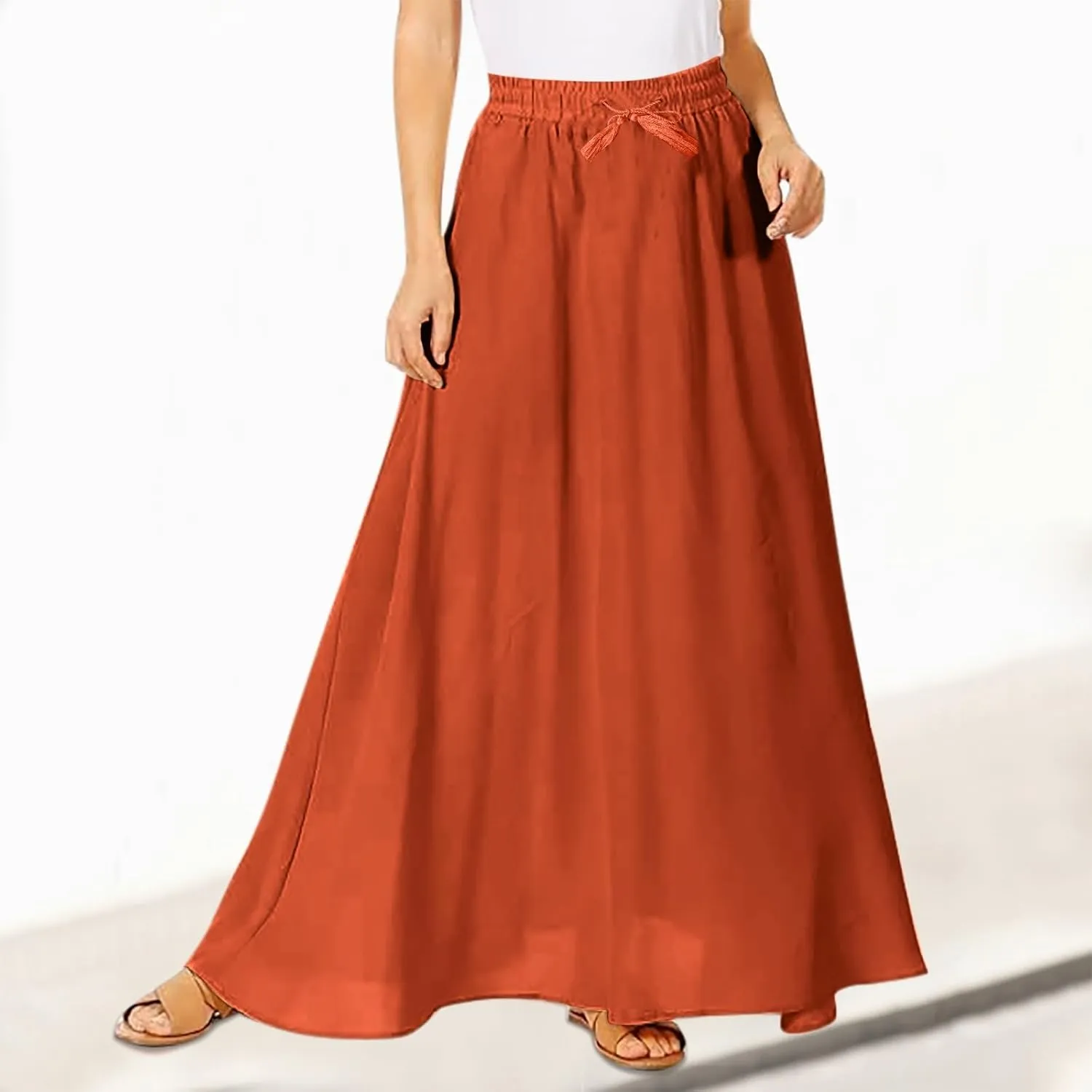 Solid or Printed Mesh Overlay Elastic Waist Pleated A-Line Long Maxi Skirt Long Skirt with Pocket for Women