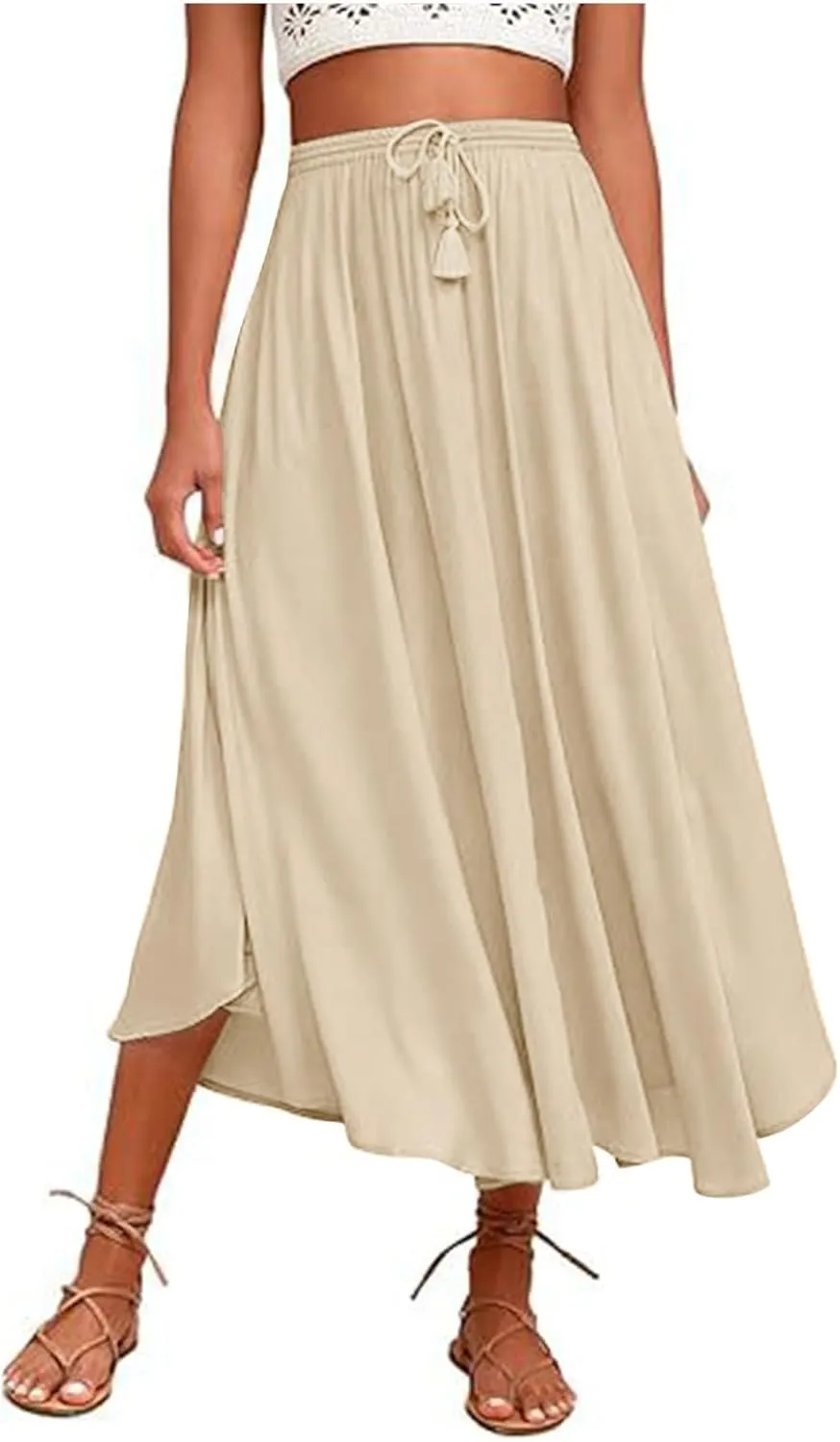 Solid or Printed Mesh Overlay Elastic Waist Pleated A-Line Long Maxi Skirt Long Skirt with Pocket for Women