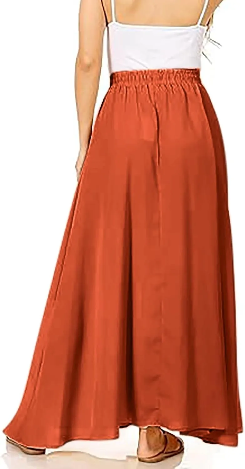 Solid or Printed Mesh Overlay Elastic Waist Pleated A-Line Long Maxi Skirt Long Skirt with Pocket for Women