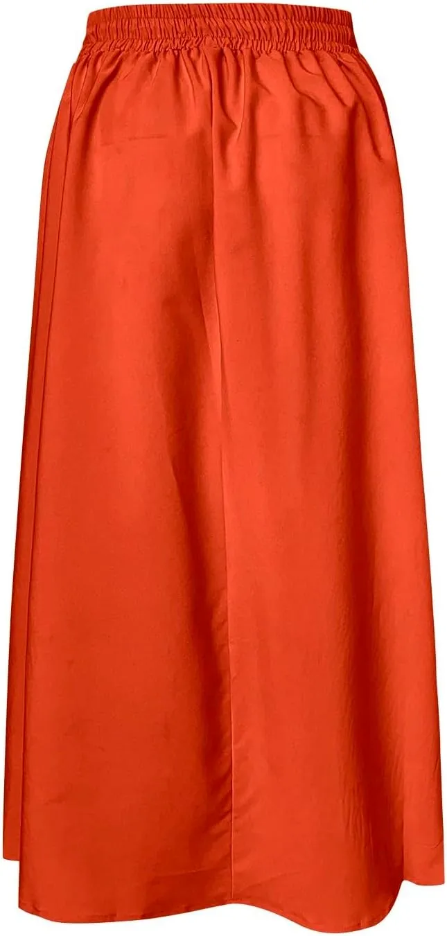 Solid or Printed Mesh Overlay Elastic Waist Pleated A-Line Long Maxi Skirt Long Skirt with Pocket for Women