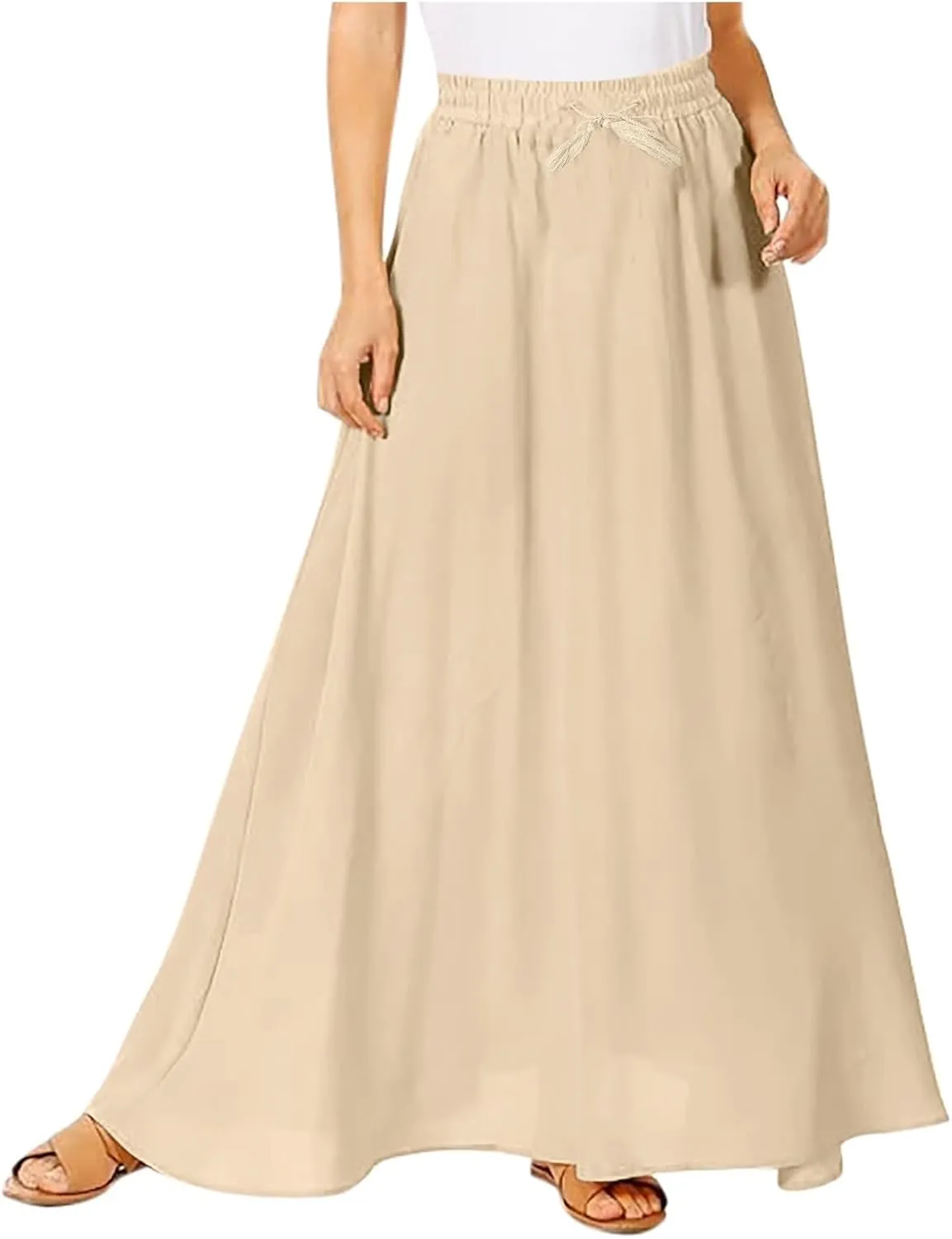 Solid or Printed Mesh Overlay Elastic Waist Pleated A-Line Long Maxi Skirt Long Skirt with Pocket for Women