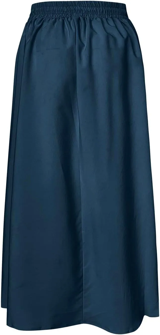 Solid or Printed Mesh Overlay Elastic Waist Pleated A-Line Long Maxi Skirt Long Skirt with Pocket for Women