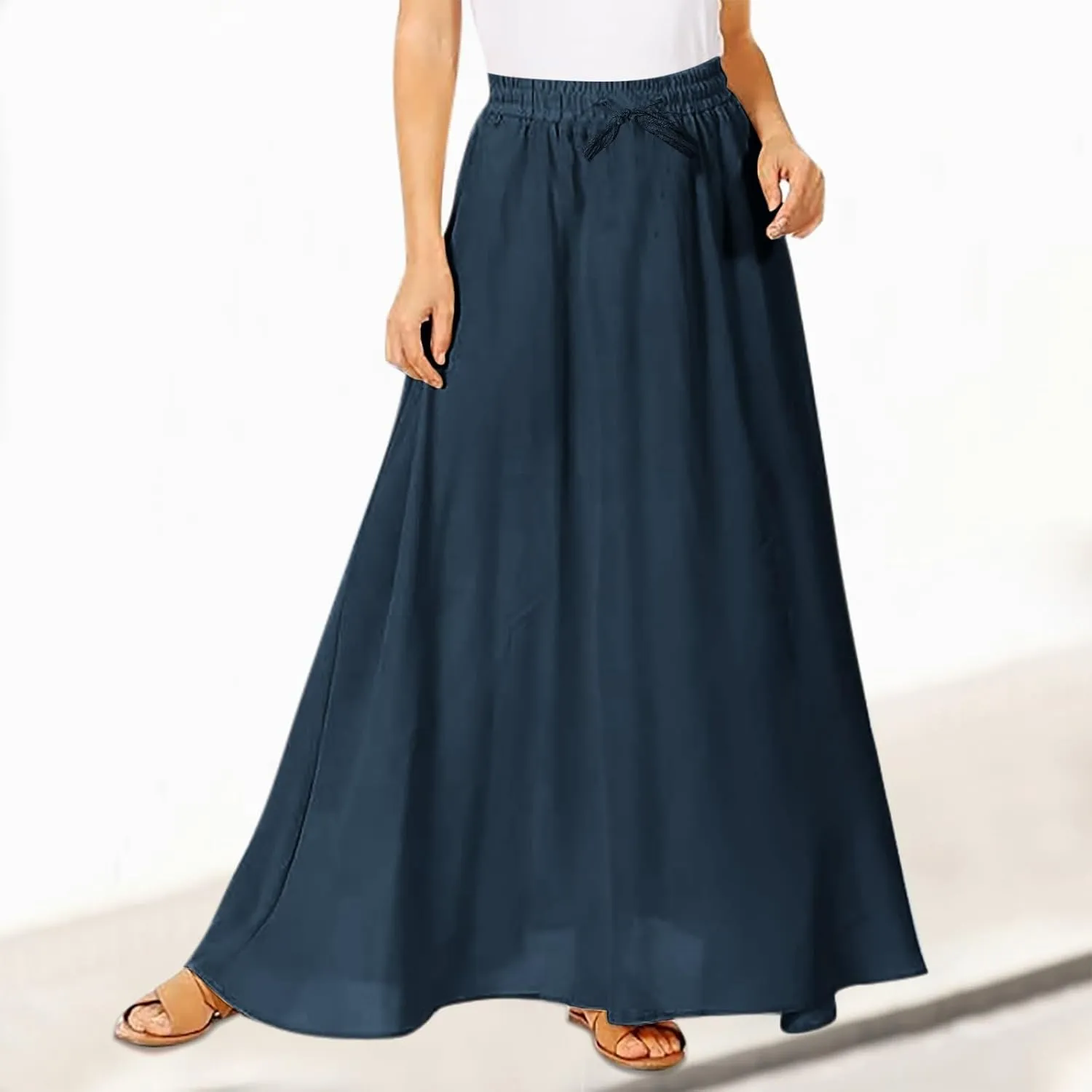 Solid or Printed Mesh Overlay Elastic Waist Pleated A-Line Long Maxi Skirt Long Skirt with Pocket for Women