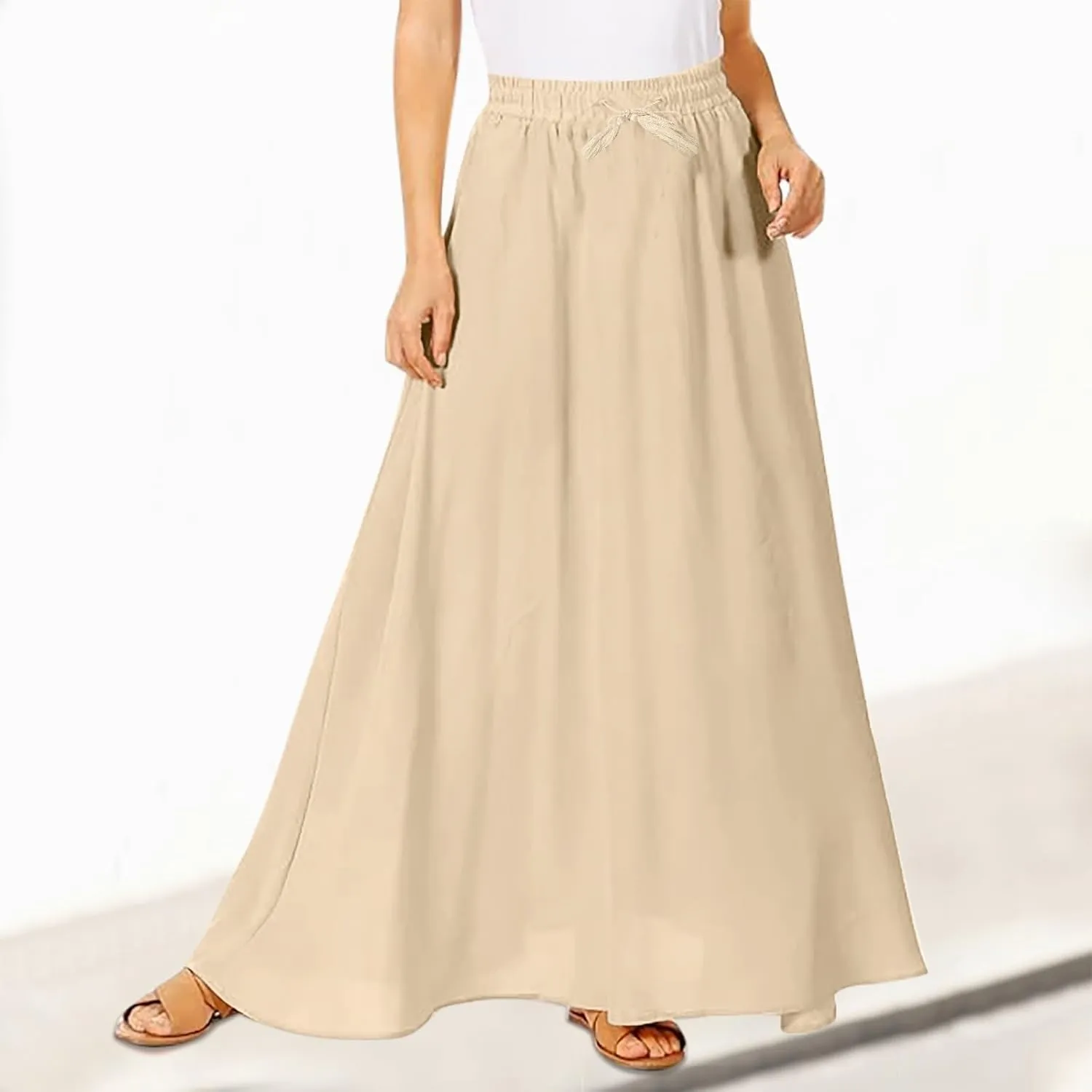Solid or Printed Mesh Overlay Elastic Waist Pleated A-Line Long Maxi Skirt Long Skirt with Pocket for Women