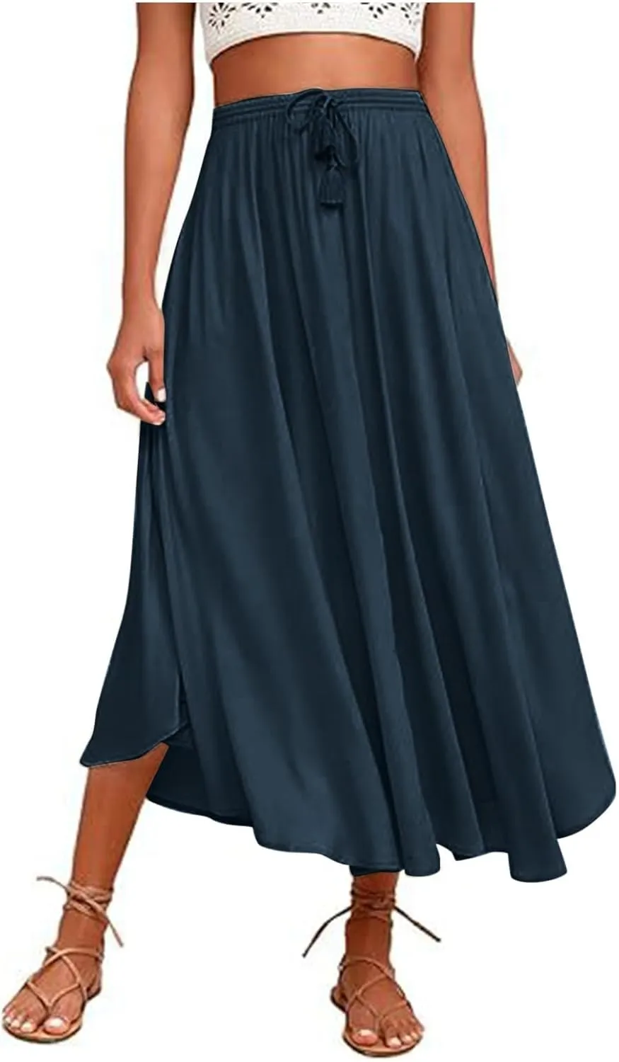 Solid or Printed Mesh Overlay Elastic Waist Pleated A-Line Long Maxi Skirt Long Skirt with Pocket for Women