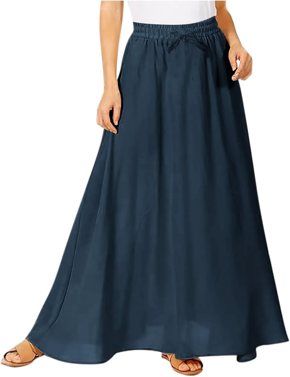 Solid or Printed Mesh Overlay Elastic Waist Pleated A-Line Long Maxi Skirt Long Skirt with Pocket for Women
