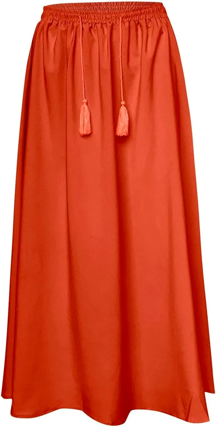 Solid or Printed Mesh Overlay Elastic Waist Pleated A-Line Long Maxi Skirt Long Skirt with Pocket for Women