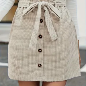 Solid Textured Skirts, Casual Knotted Button Front Style