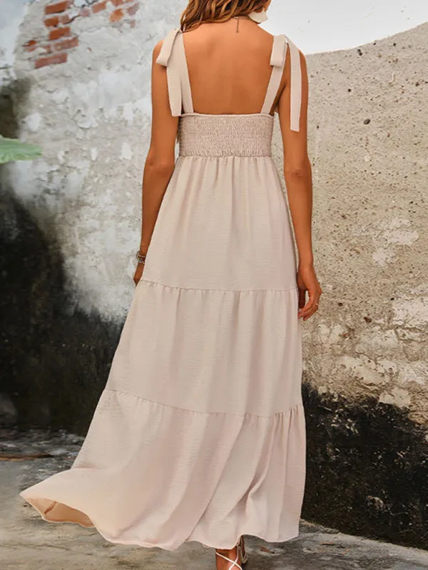 Solid Tie-Shoulder A-Line Midi Dress with Smocked Back