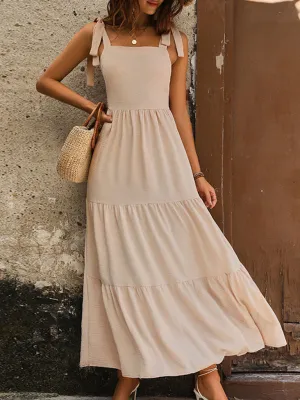 Solid Tie-Shoulder A-Line Midi Dress with Smocked Back