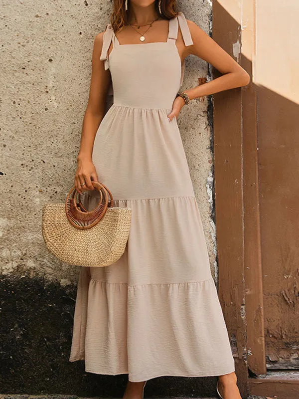 Solid Tie-Shoulder A-Line Midi Dress with Smocked Back