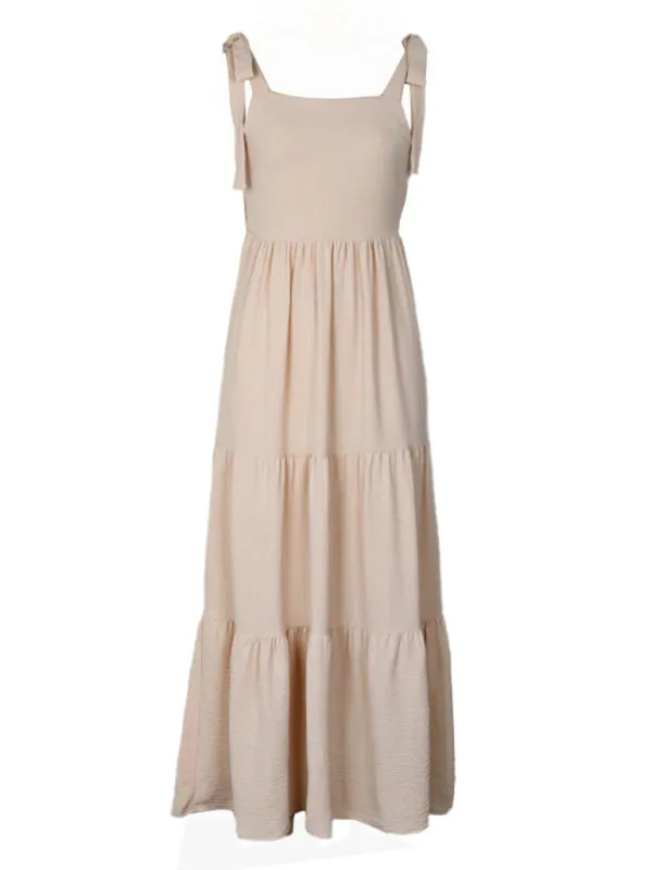 Solid Tie-Shoulder A-Line Midi Dress with Smocked Back