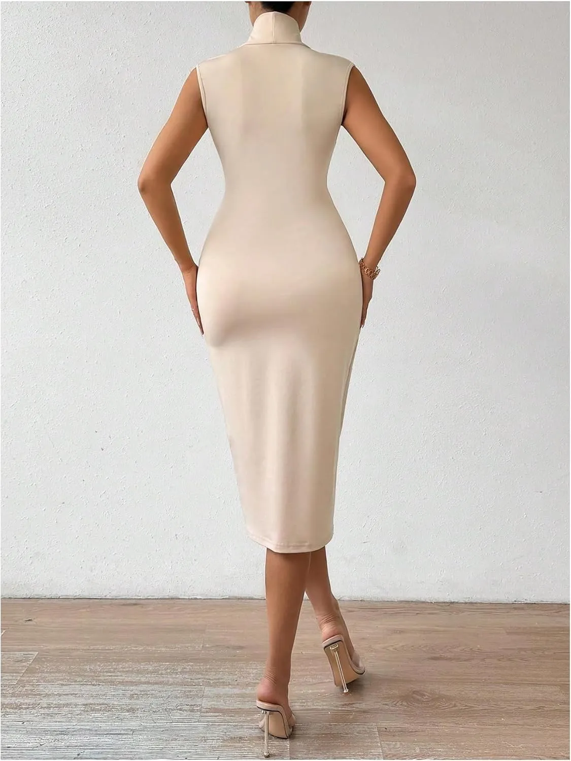 SOLY HUX Women's Midi Dress Sleeveless Bodycon Dress V Neck Ruched Elegant Dresses