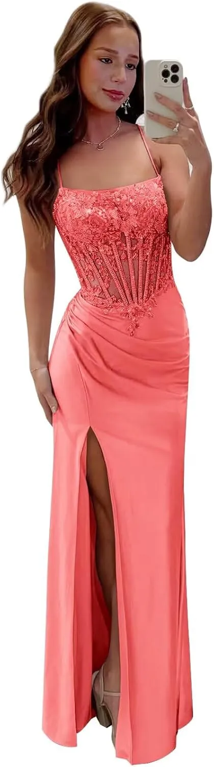 Spaghetti Strap Satin Prom Dress with Slit Sequin Lace Appliques Mermaid Corset Formal Evening Gowns for Women