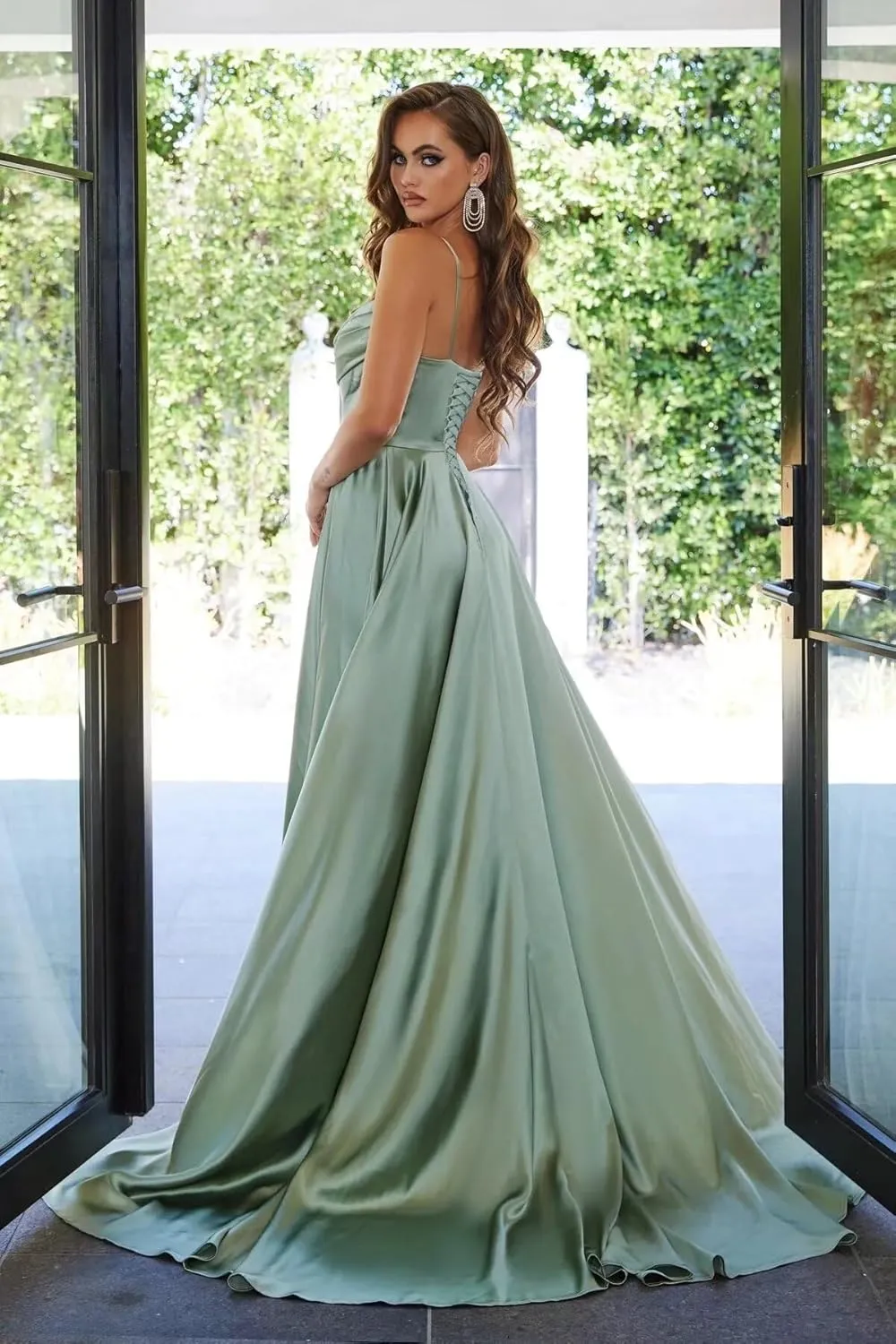 Spaghetti Strap Satin Prom Dresses 2024 Long A Line Cowl Neck Beaded Evening Party Dresses