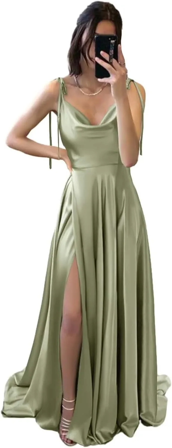 Spaghetti Straps Satin Prom Dresses High Slit Long A Line Bridesmaid Dresses for Women