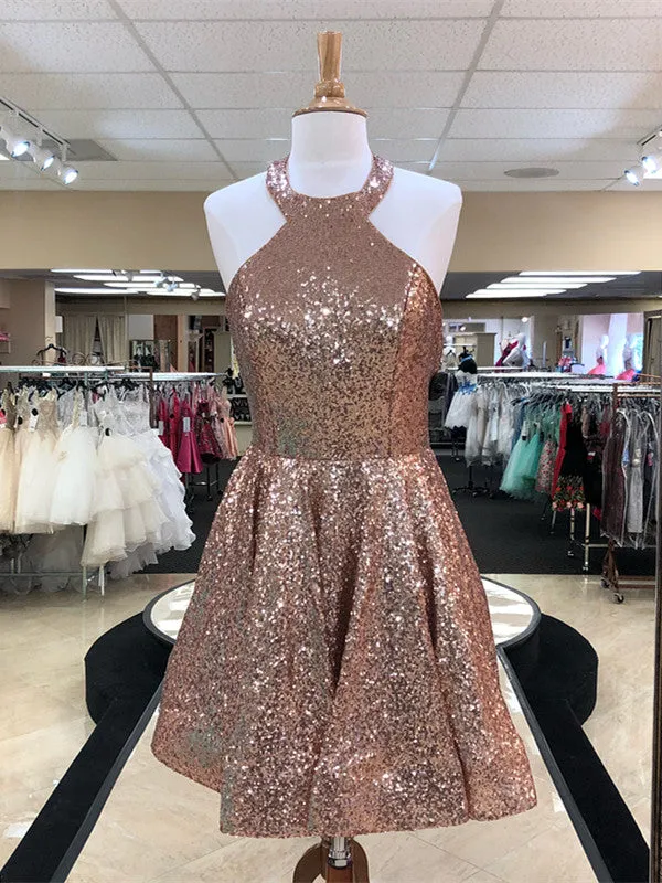 Sparkly Sequin Halter Neckline Short A-line Homecoming Dresses HD233