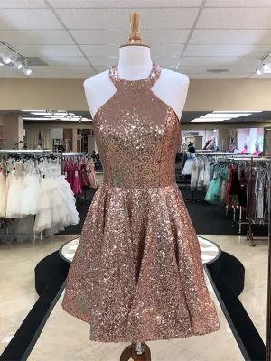 Sparkly Sequin Halter Neckline Short A-line Homecoming Dresses HD233