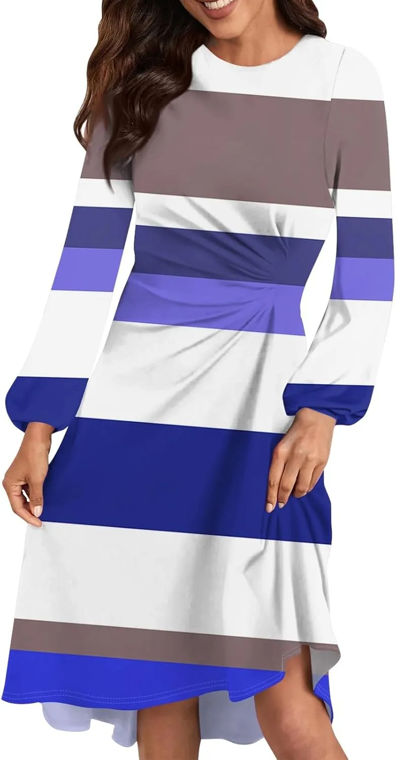 Spring Dresses for Women 2025 Long Sleeve Midi O Neck Modest Summer Ladies Cute Loose Fitted Dress