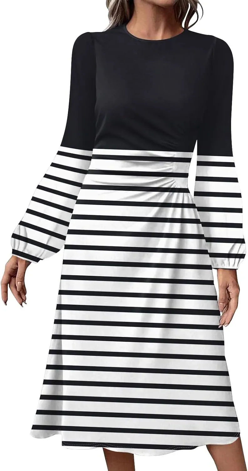 Spring Dresses for Women 2025 Long Sleeve Midi O Neck Trendy Flowy Vacation Boho Office Curvy Dress