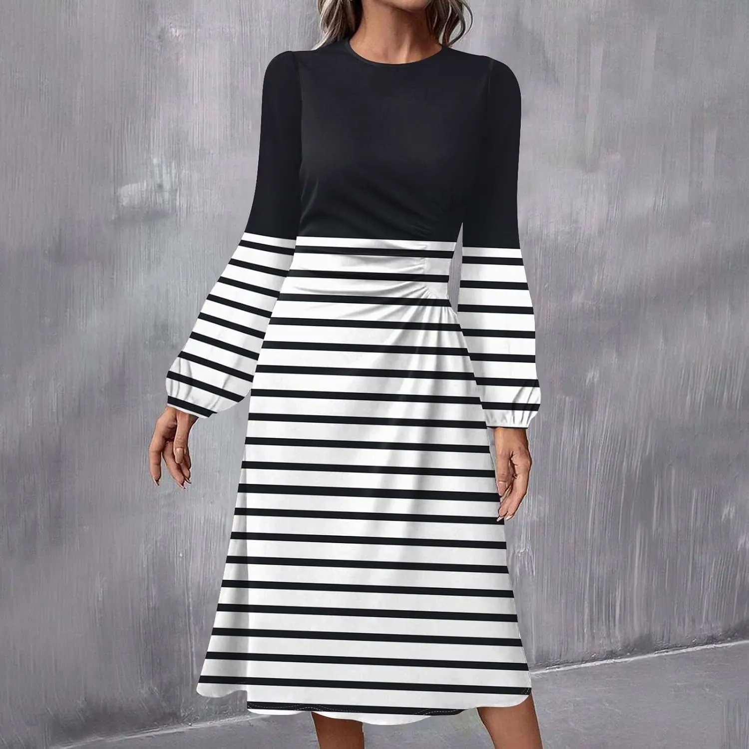 Spring Dresses for Women 2025 Long Sleeve Midi O Neck Trendy Flowy Vacation Boho Office Curvy Dress