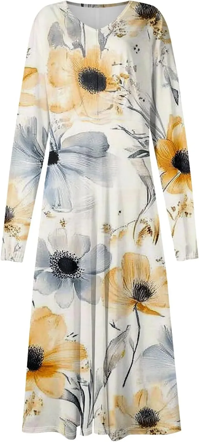 Spring Dresses for Women 2025 Midi V Neck Long Sleeve Summer Casual Modest Tea Length Western Loose Dress