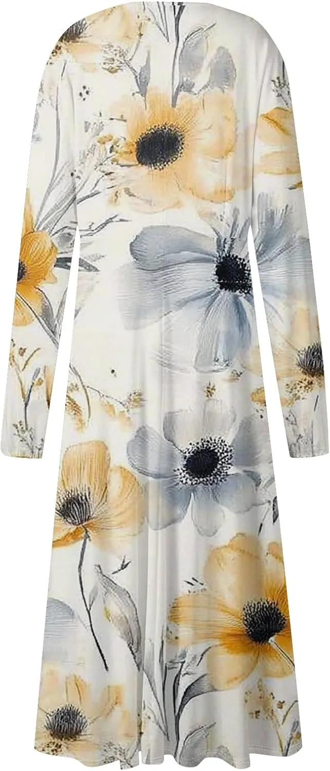 Spring Dresses for Women 2025 Midi V Neck Long Sleeve Summer Casual Modest Tea Length Western Loose Dress