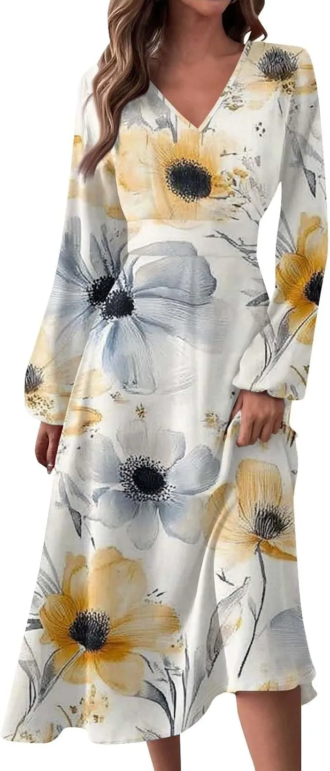 Spring Dresses for Women 2025 Midi V Neck Long Sleeve Summer Casual Modest Tea Length Western Loose Dress