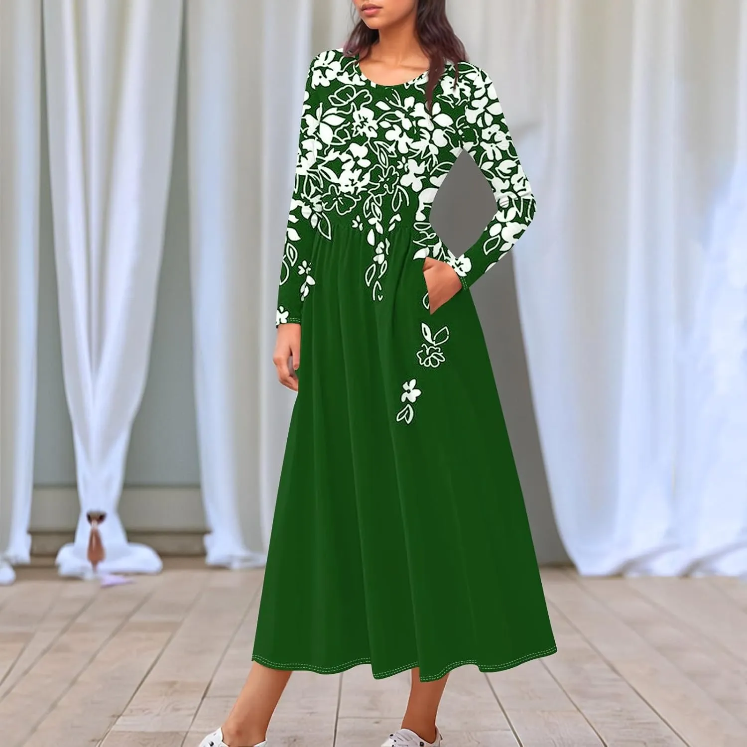 Spring Dresses for Women 2025 Midi V Neck Long Sleeve Trendy Casual Work Modest Curvy Dressy Dress