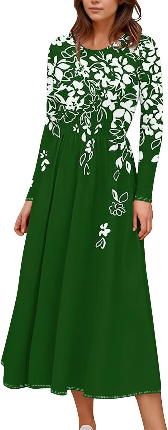 Spring Dresses for Women 2025 Midi V Neck Long Sleeve Trendy Casual Work Modest Curvy Dressy Dress