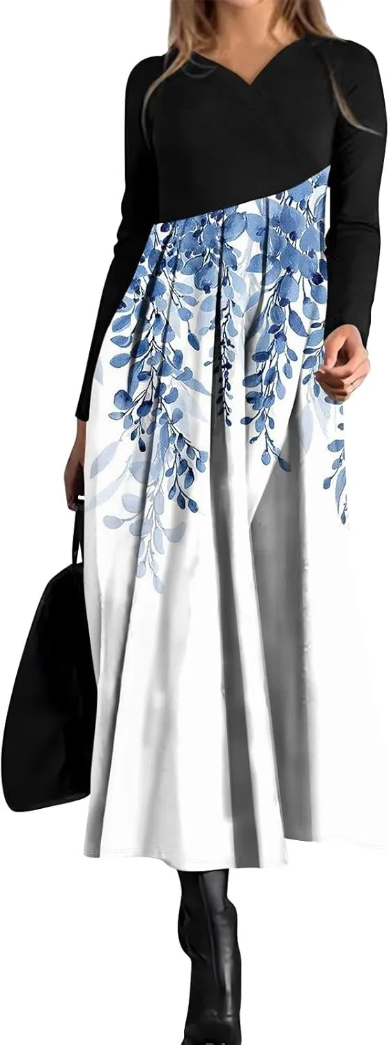 Spring Dresses for Women 2025 V Neck Long Sleeve Midi Modest Teens Flowy Vacation Fashion Curvy Dress