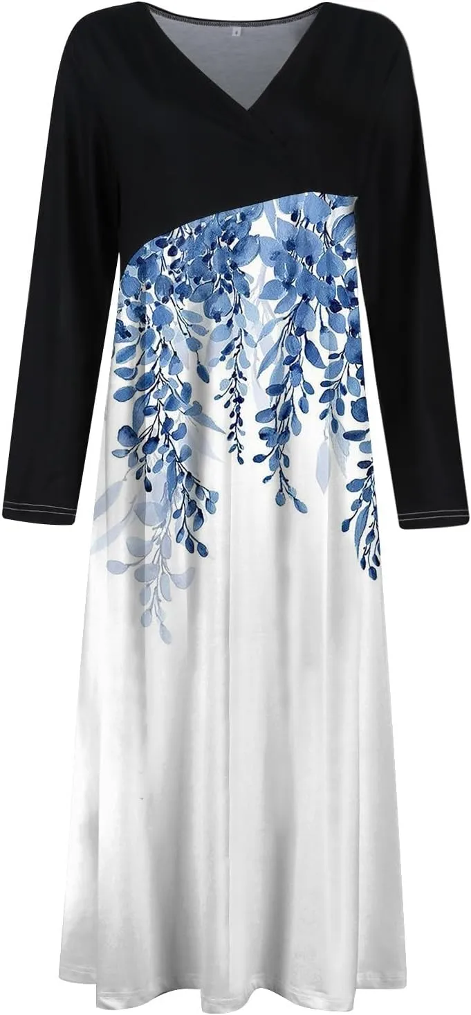 Spring Dresses for Women 2025 V Neck Long Sleeve Midi Modest Teens Flowy Vacation Fashion Curvy Dress