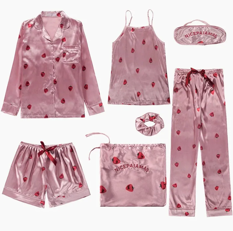 Spring Summer 7 Pcs satin Pajamas Set