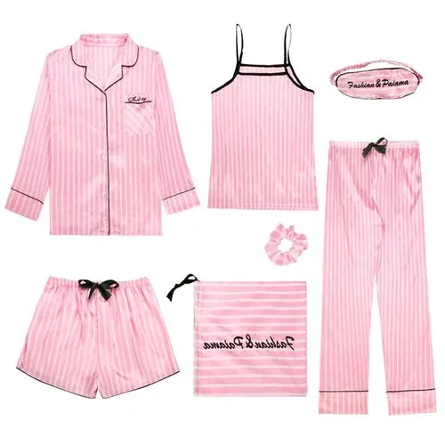 Spring Summer 7 Pcs satin Pajamas Set