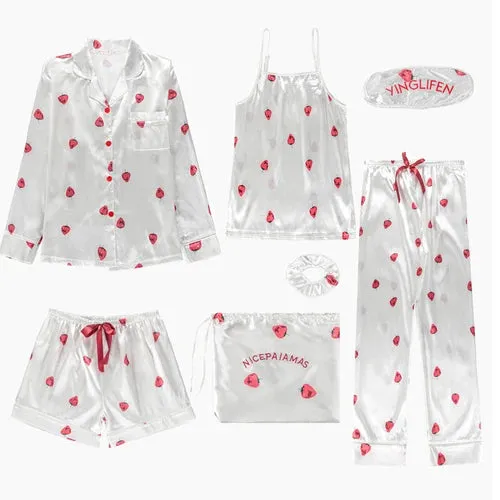 Spring Summer 7 Pcs satin Pajamas Set