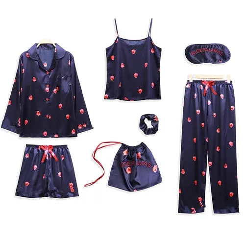 Spring Summer 7 Pcs satin Pajamas Set