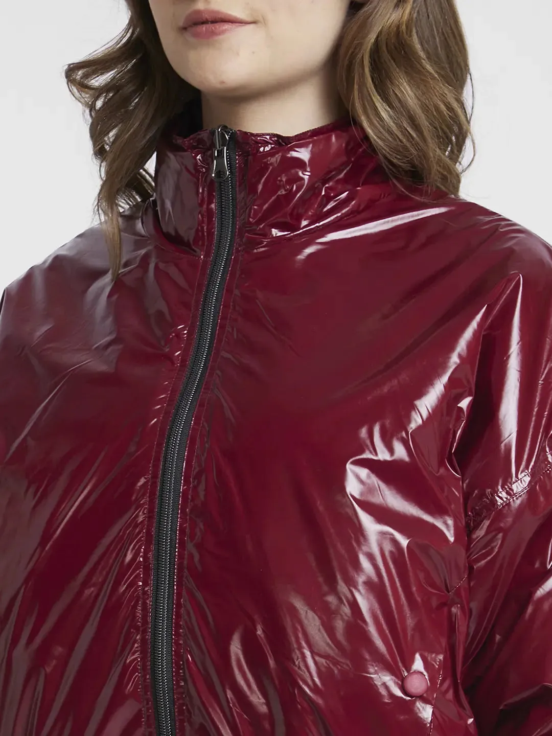 Spykar Women Maroon Slim Fit High Neck Plain Crop Jacket